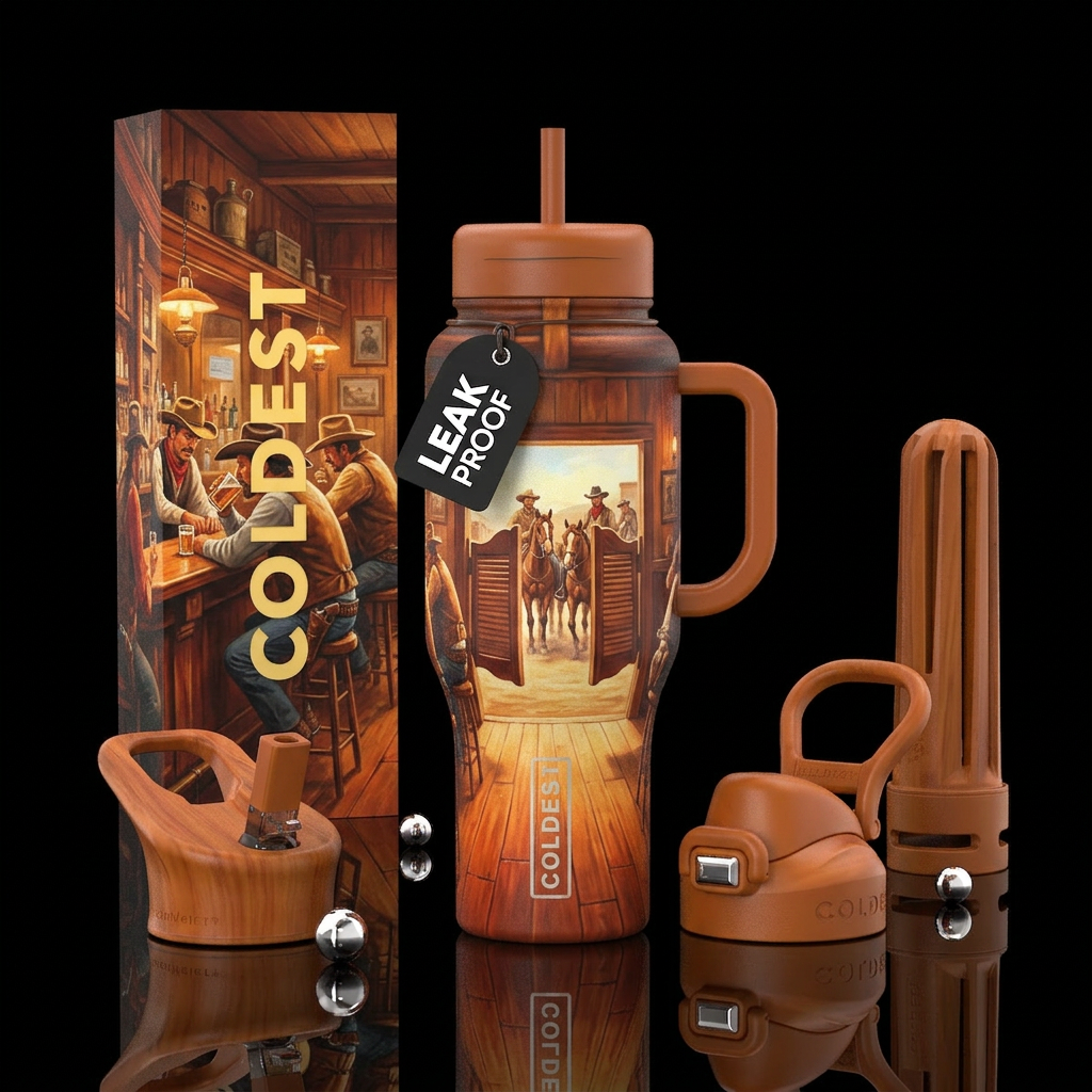 Cowboys in a bar, on horses out the swinging doors... water bottle design
