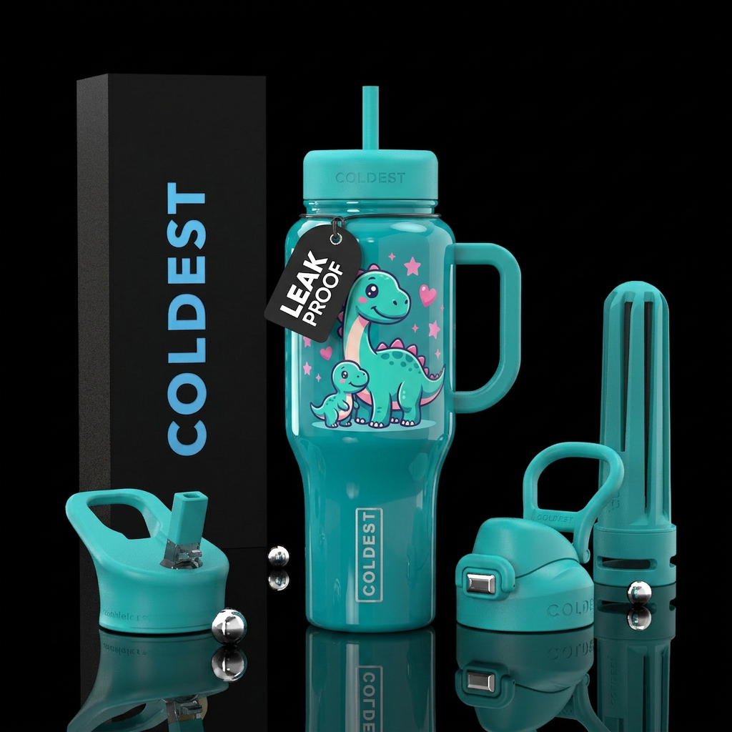 teal dino w/ a baby teal dino, with pink little st... water bottle design