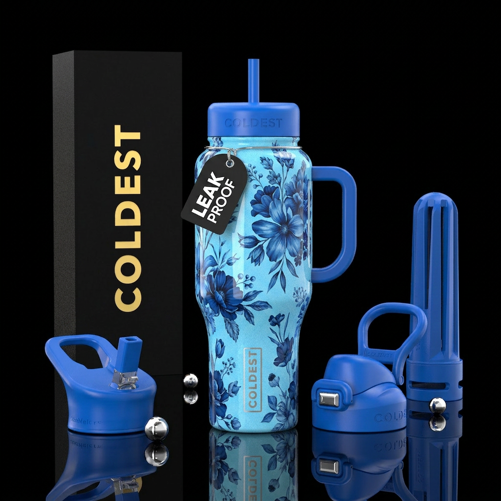 Light blue background dark blue beautiful realisti... water bottle design