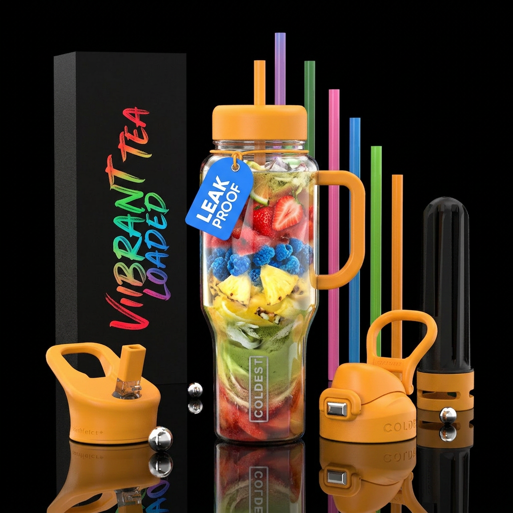 Loaded tea, flavors, straws colorful water bottle design
