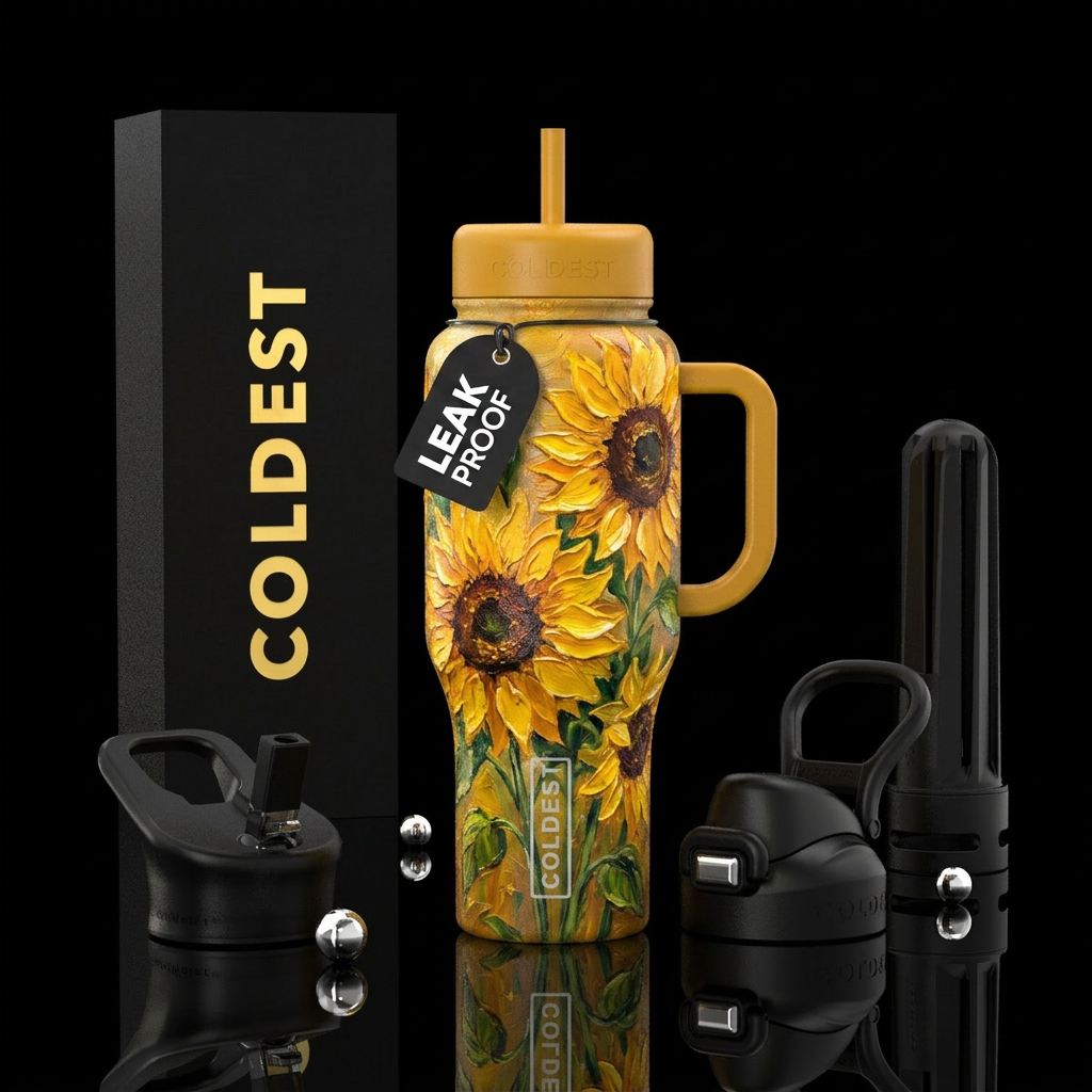 Oil painted sunflowers water bottle design