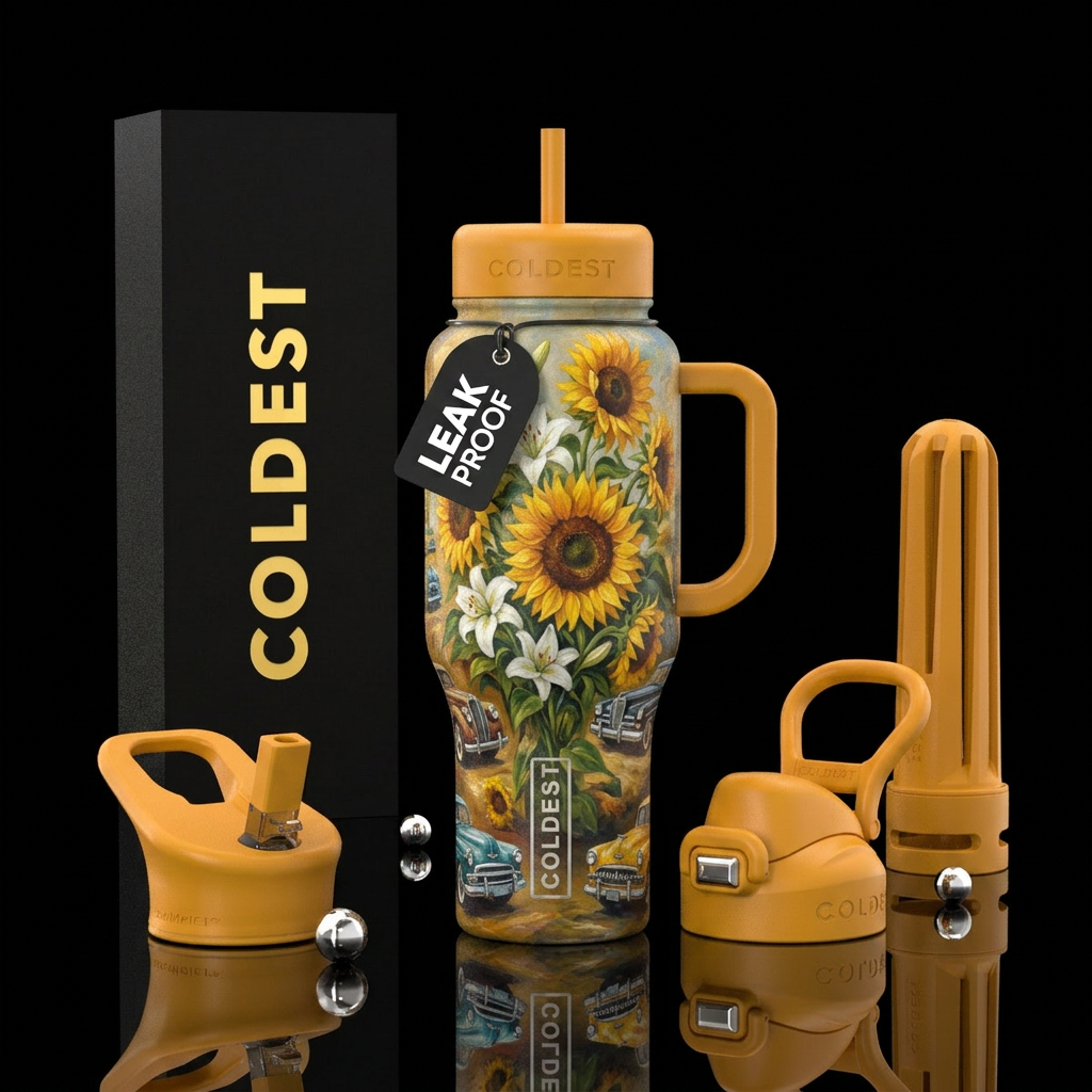Oil painting classic cars with sunflowers & lilies water bottle design