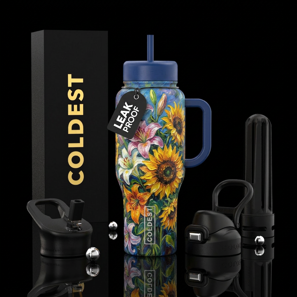 Oil painting with sunflowers & lilies water bottle design
