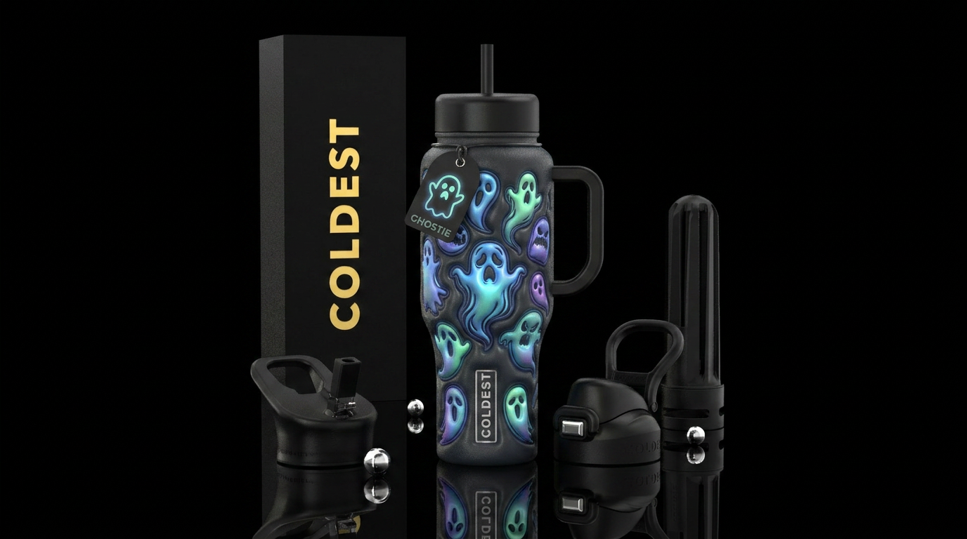 Creepy vibes ghost glowie, emboss textured water bottle design