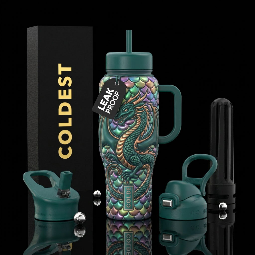 Deposed, puffed out dragon on mermaid scales water bottle design