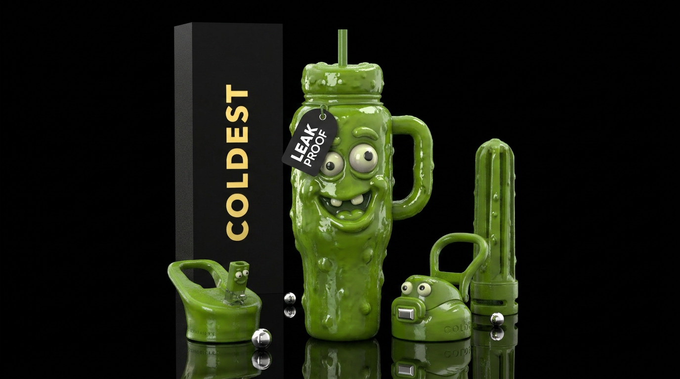 Deposed, puffed out Mr Pickle, funny, shiny water bottle design