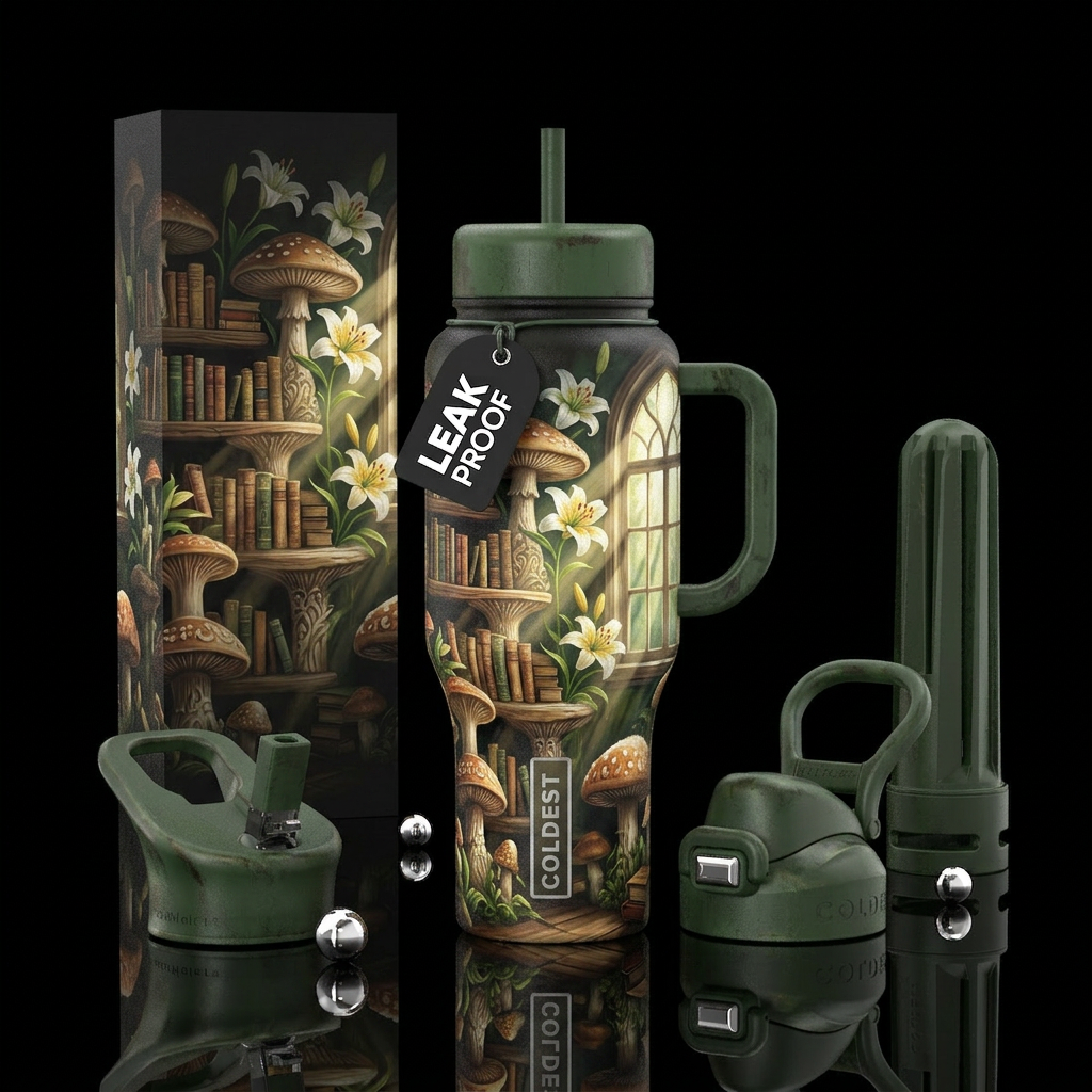 Mushroom library w/ lilies, window with sunshine r... water bottle design