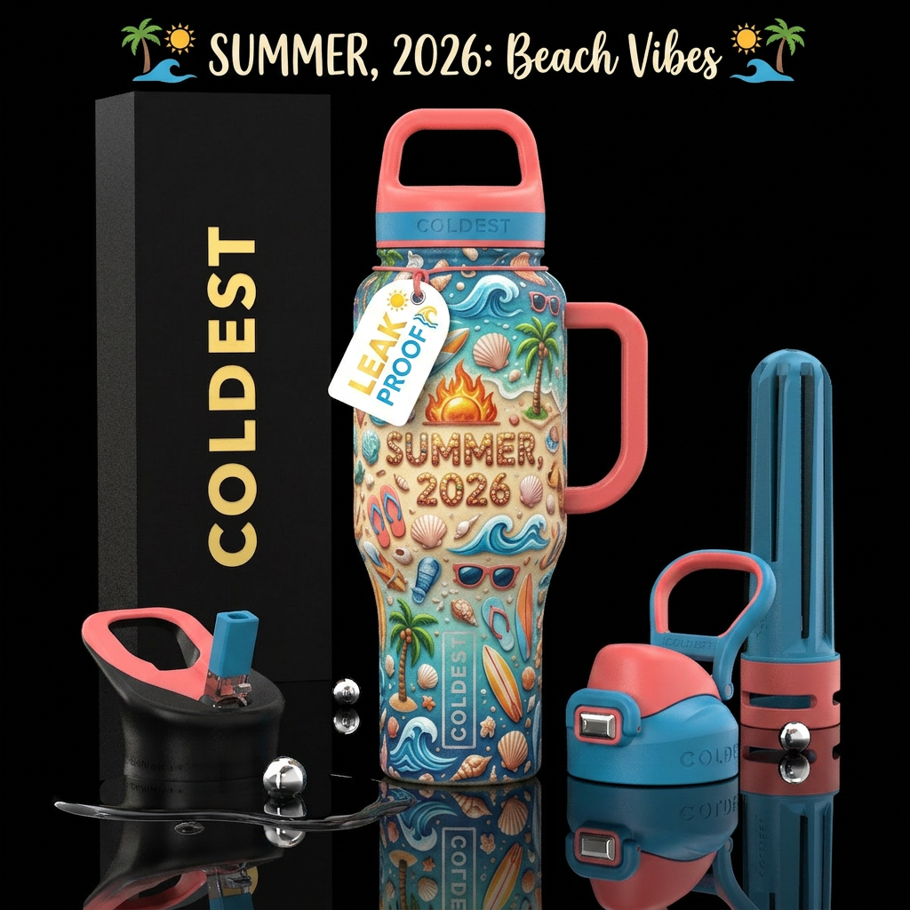 Summer, 2026, beach vibes water bottle design
