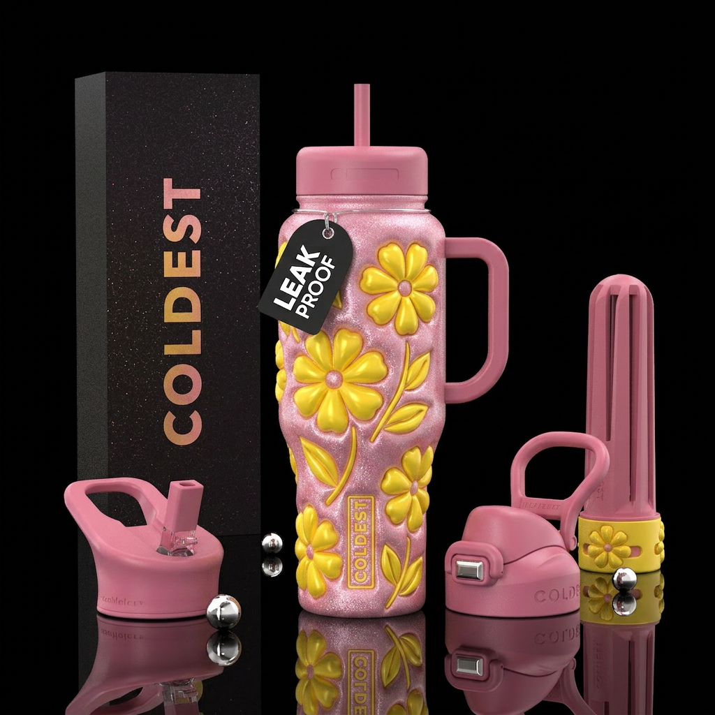 Pink glimmery bottle yellow beautiful vibrant flow... water bottle design