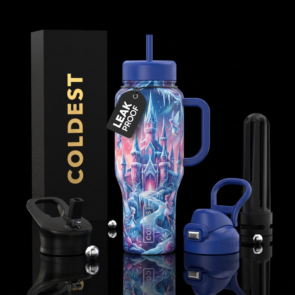 Coldest castle,  magical fairy, blue, pink & viole... water bottle design