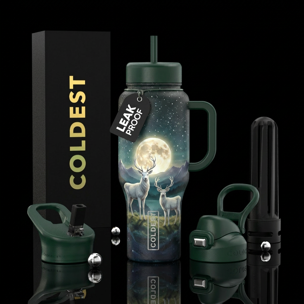 2 white deer with a big moon between them far back... water bottle design