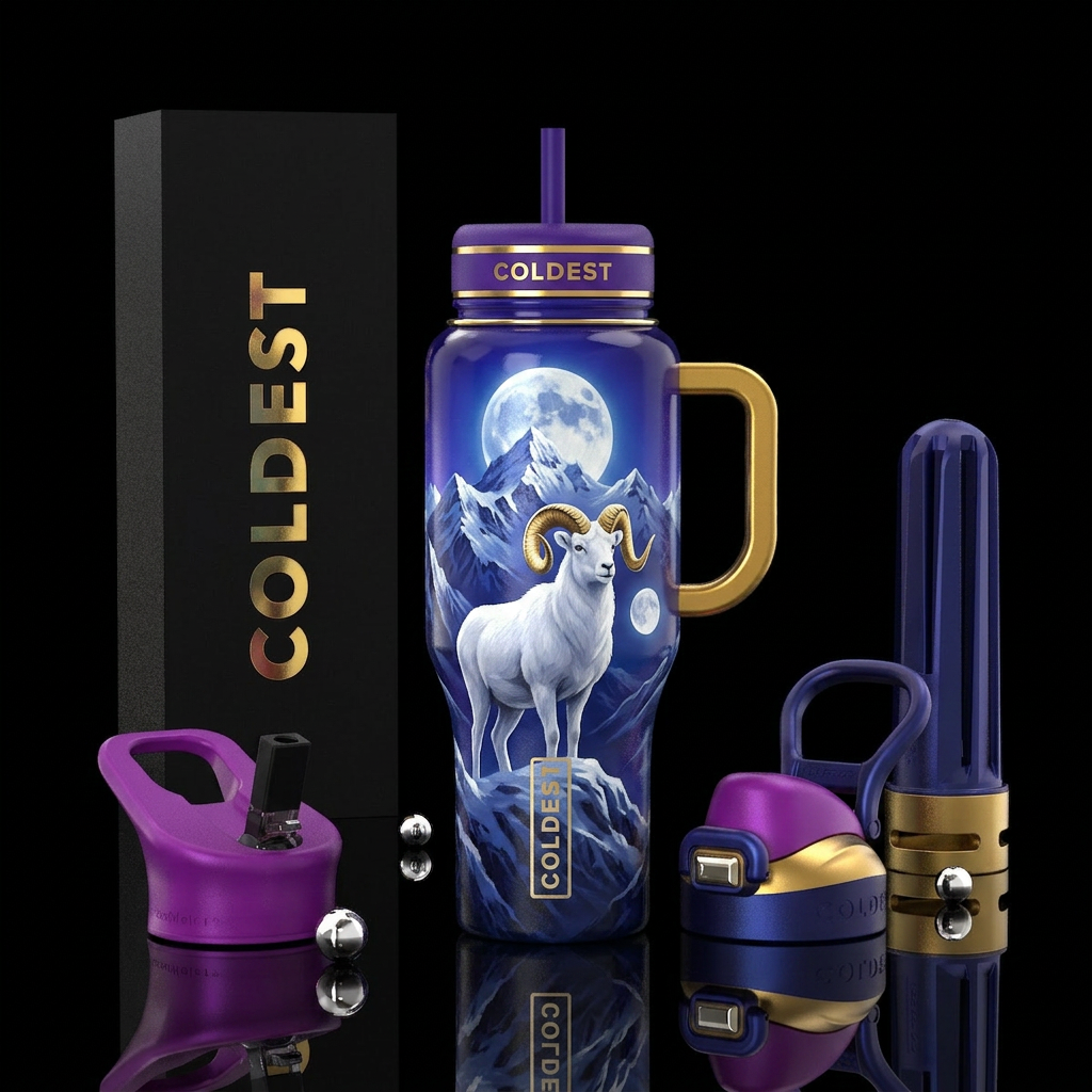 White Derrick, gold horns, mountains , full moon water bottle design