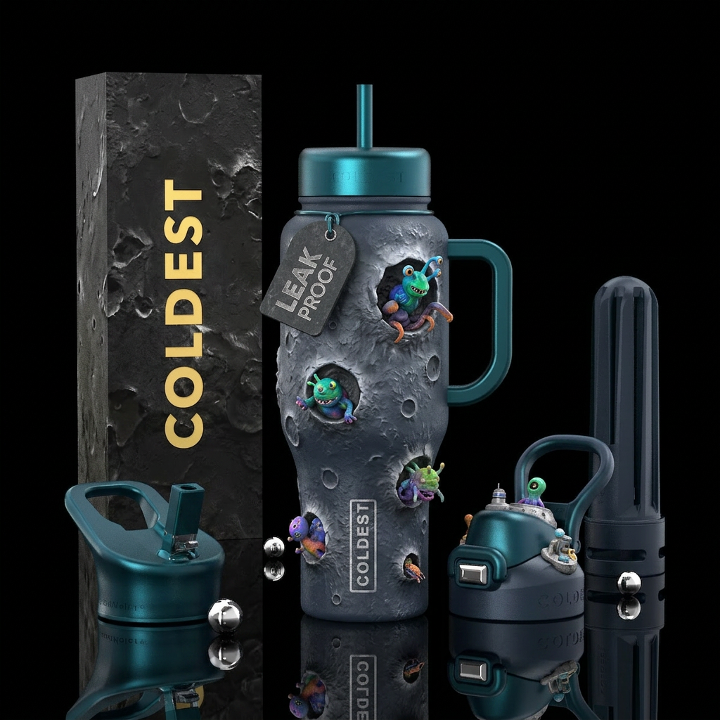 Aliens living in the holes of the moon, realistic water bottle design