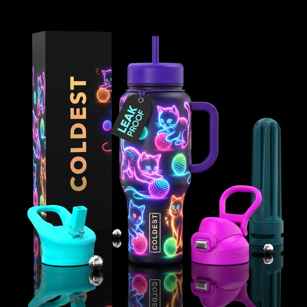Neon glowie kittens playing with crochet balls, vi... water bottle design