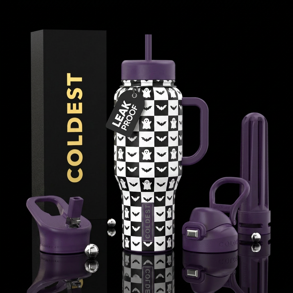 Black checkers with white ghost & bats water bottle design