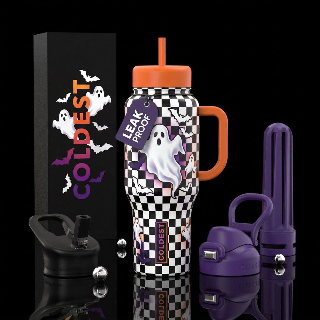 Black & white checkers with big white ghost & bats water bottle design
