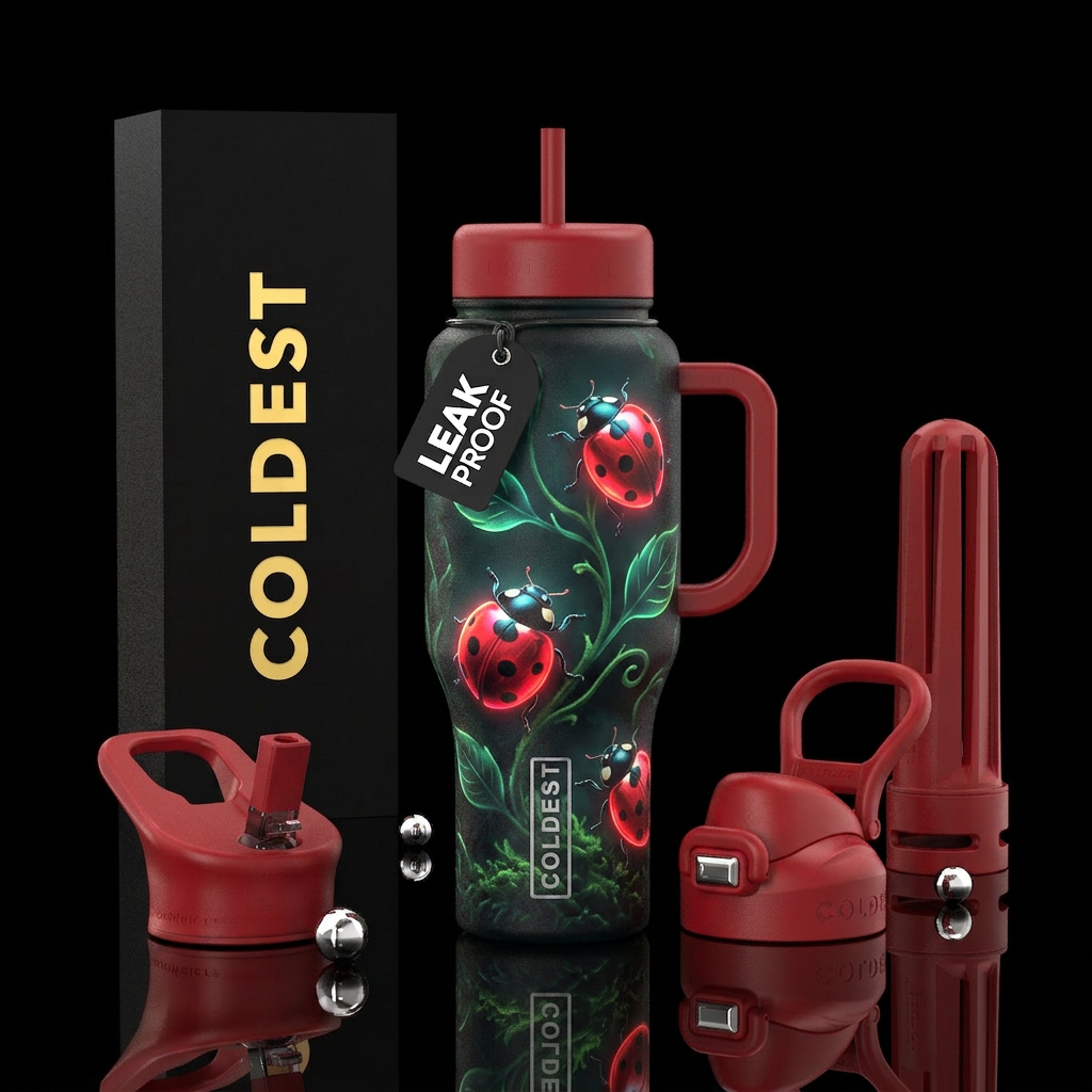 Glow in the dark ladybugs, bright vibrant beautifu... water bottle design