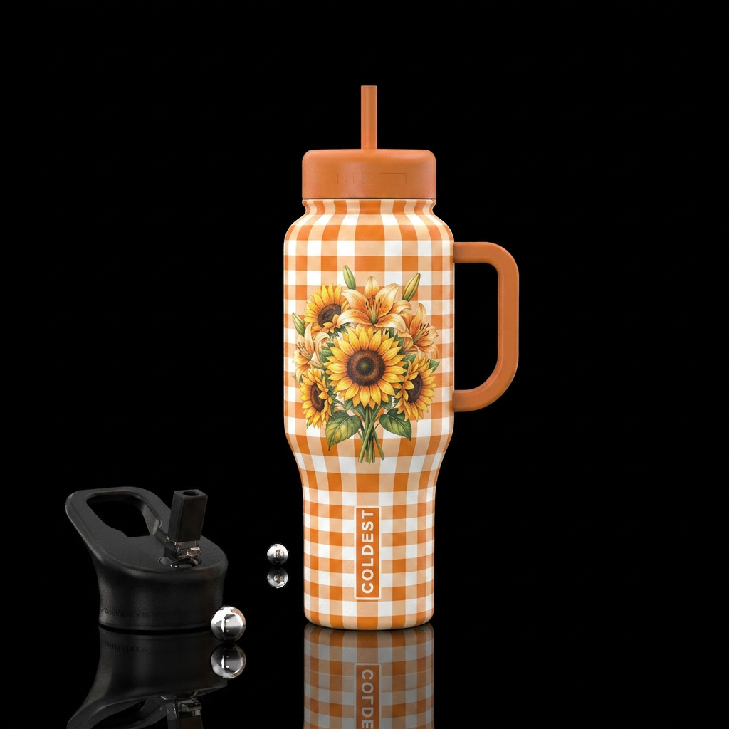 Orange & white medium checkers background, center ... water bottle design