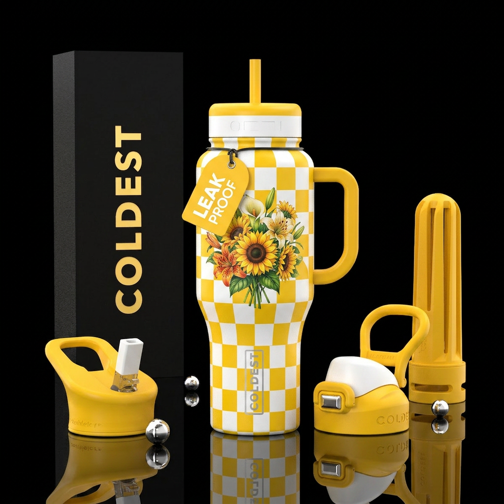 Yellow & white medium checkers background, center ... water bottle design
