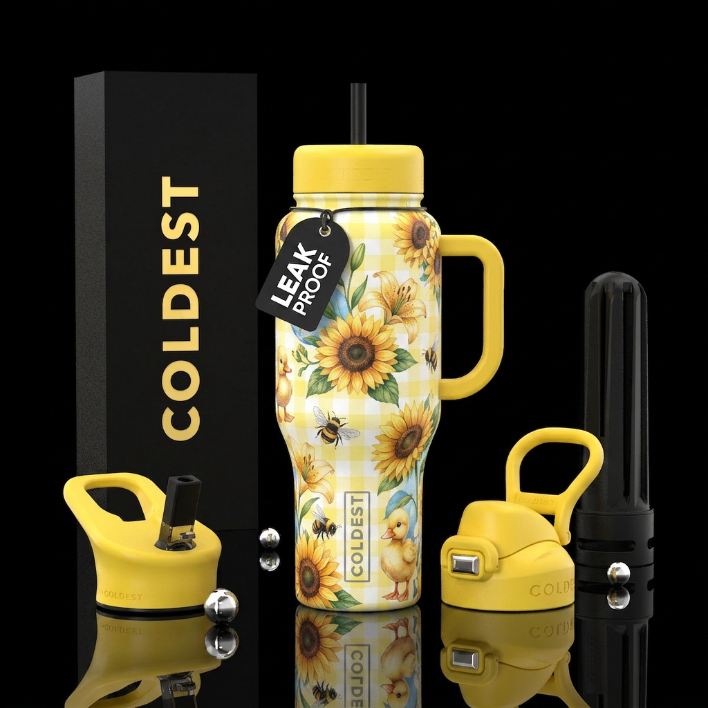 Yellow * white checkers with medium sunflowers wit... water bottle design