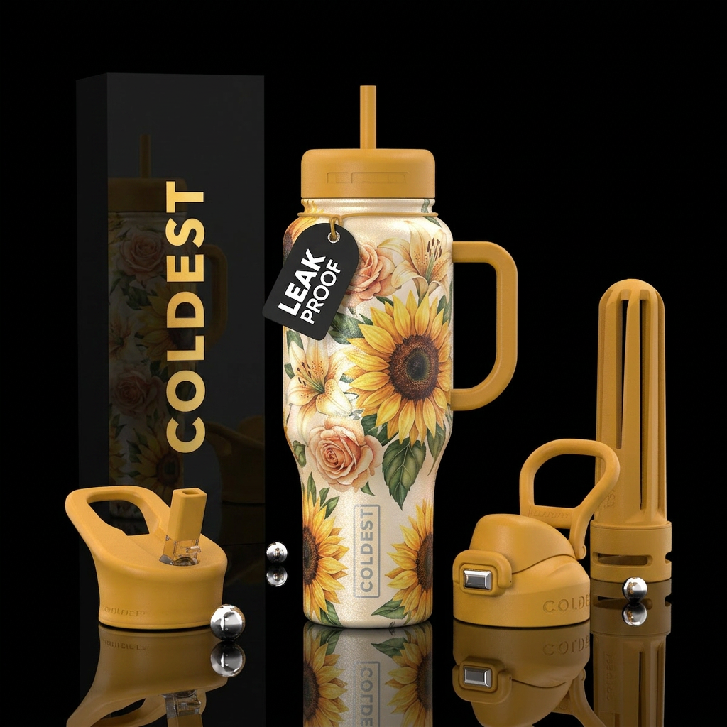 Sunflower banquets with lilies,Roses on a  black g... water bottle design