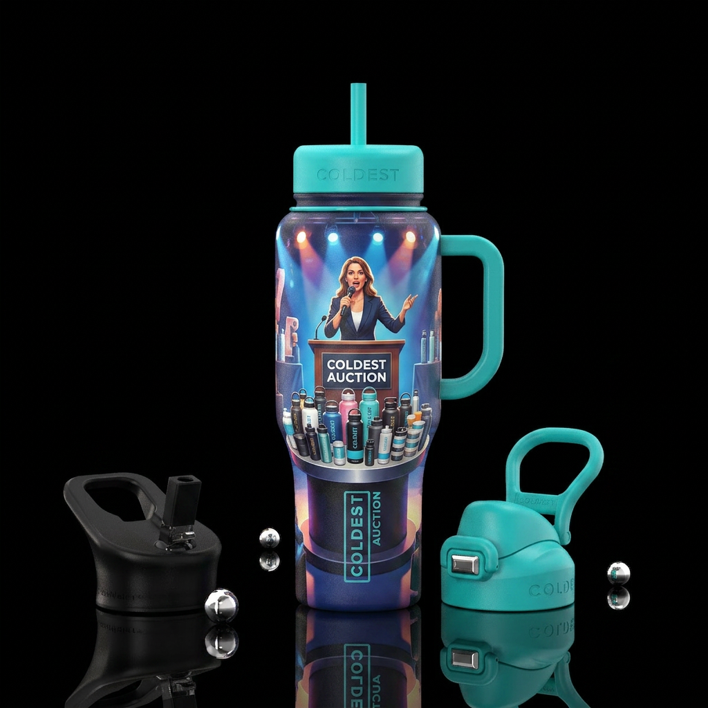 Coldest Auction,  huge turntable filled w/ coldest... water bottle design