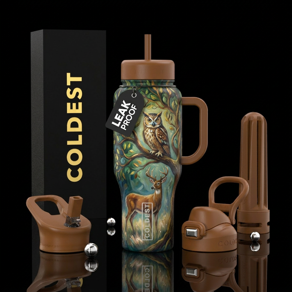 Oil painting, owl in a tree with a deer below eati... water bottle design