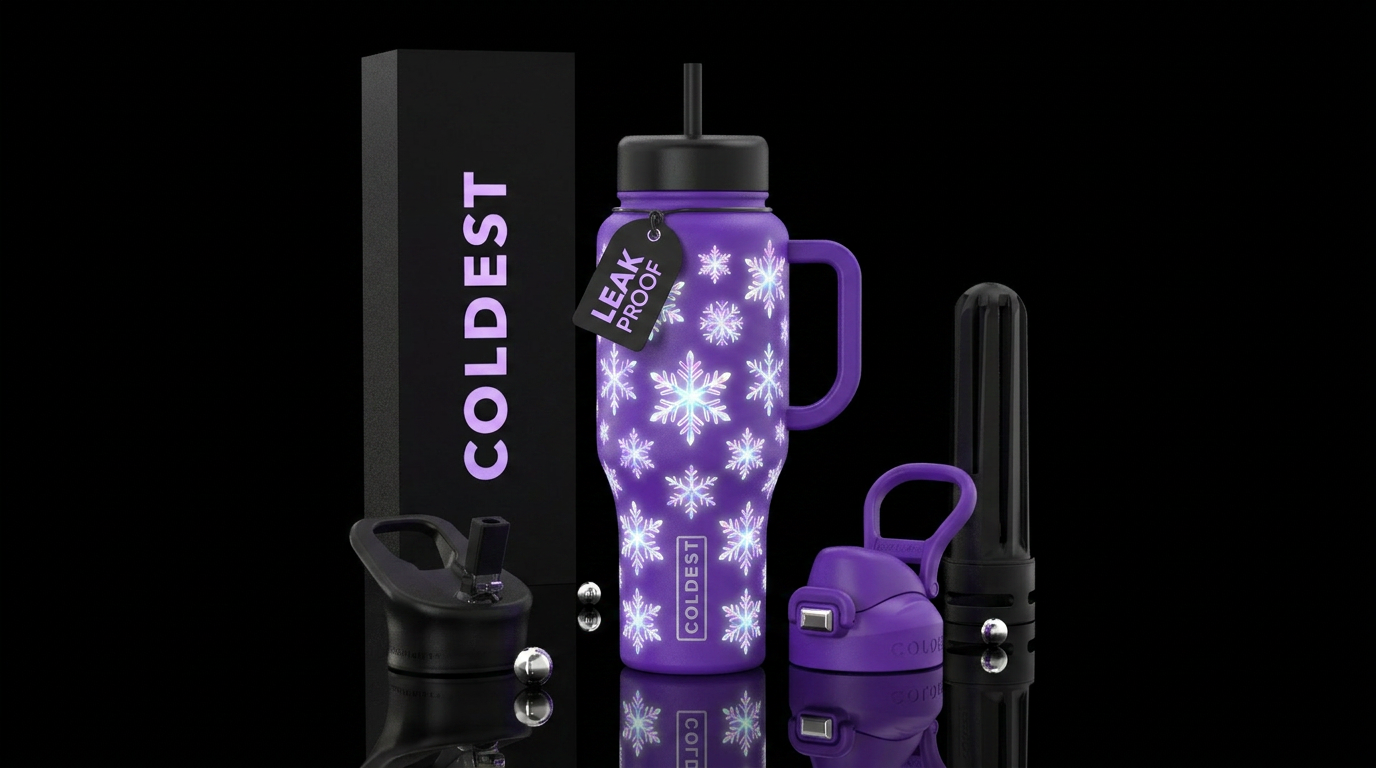 Glowie snowflakes on a purple bottle water bottle design