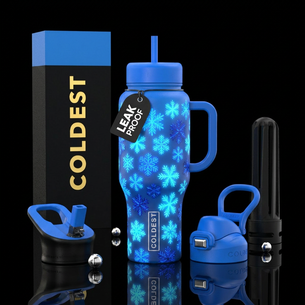 Blue bottle blue Glowie snowflakes on a blue bottl... water bottle design