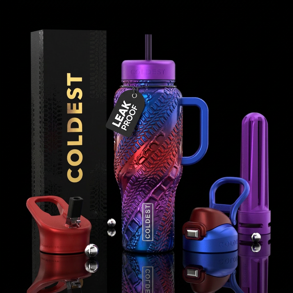 Off-Road, 4x4, tire traps, blue, red & purle water bottle design
