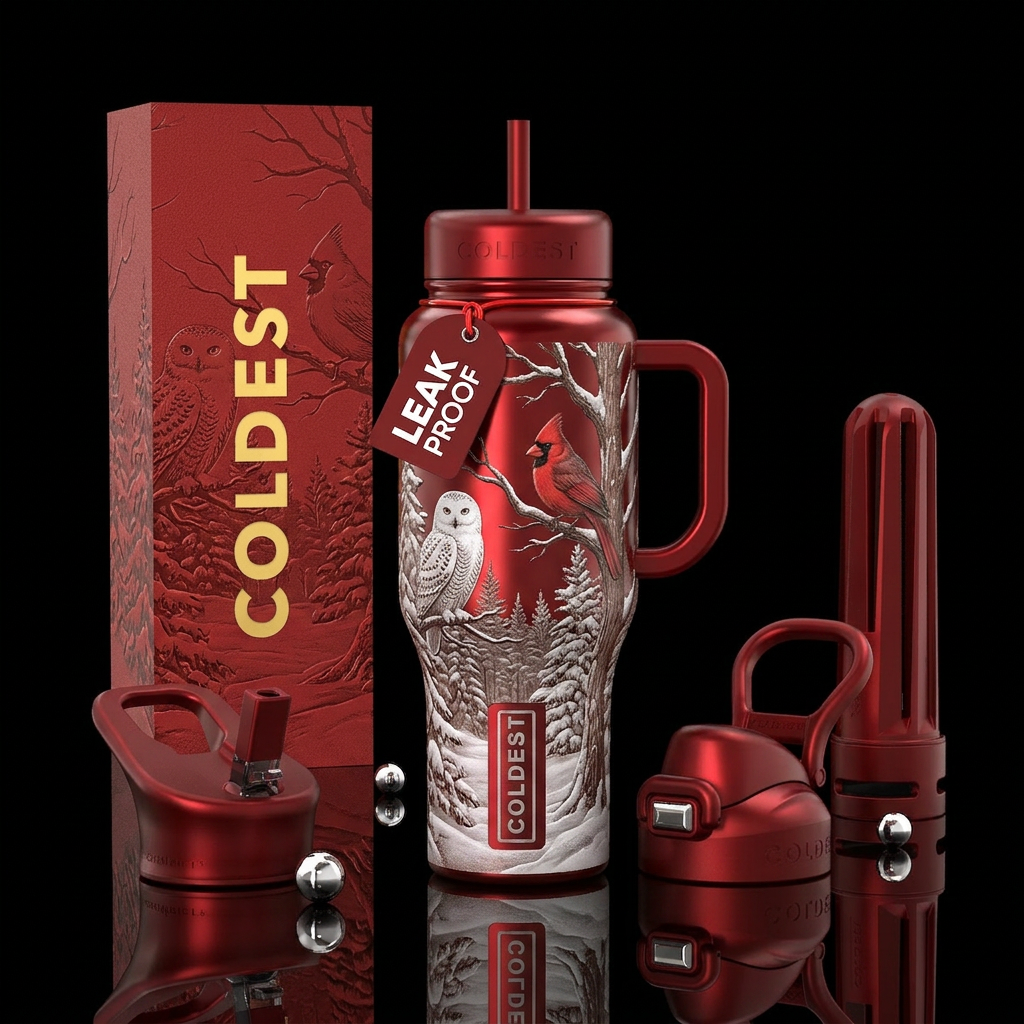 Snow, white owl in a tree, a cardinal sitting in t... water bottle design