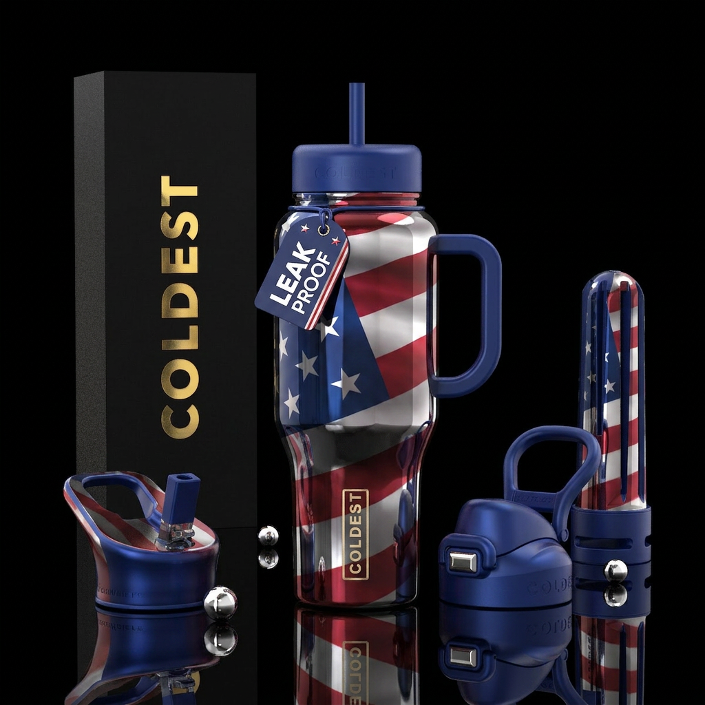 A gradient mirrored United States flag water bottle design