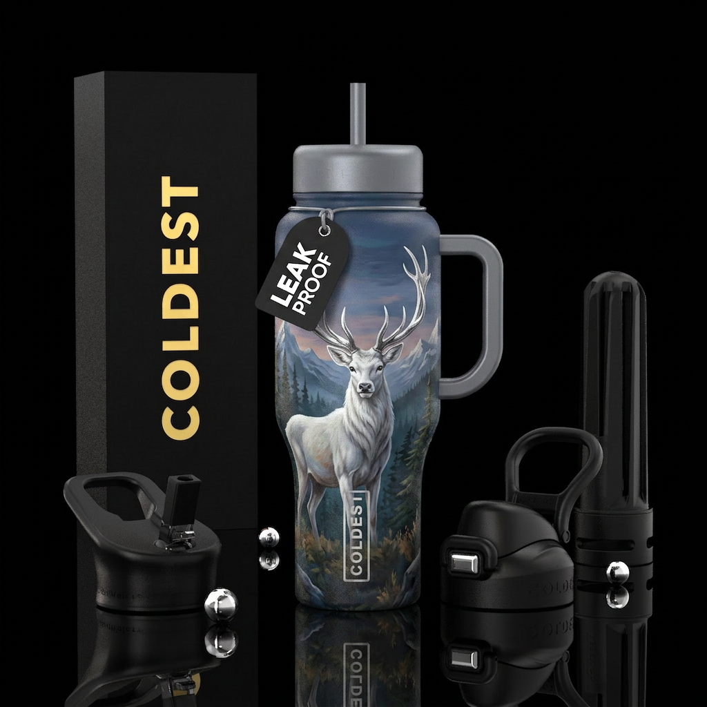 Painted white deer with silver horns mountains tre... water bottle design