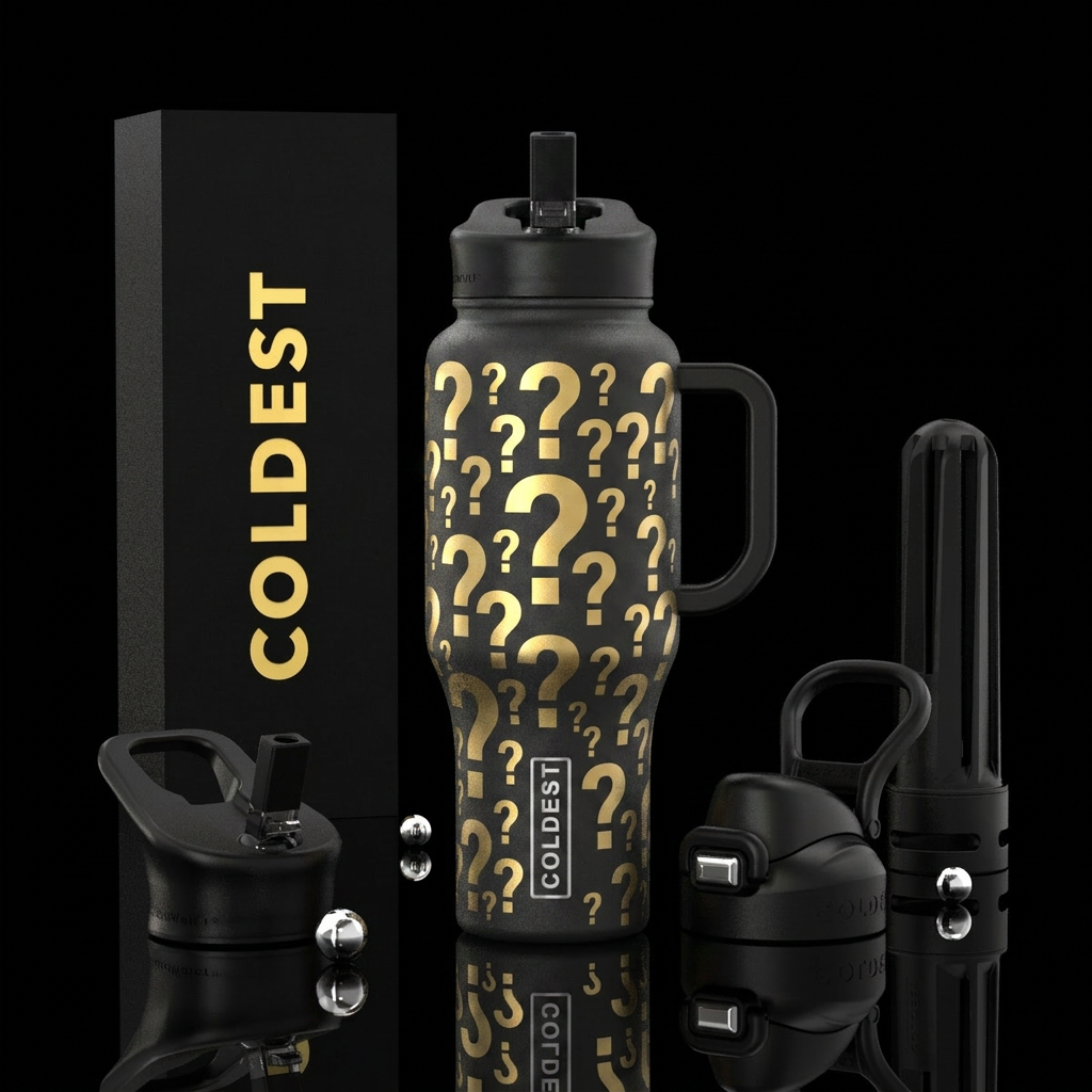 Black coldest mystery box Mystery bottle w/ gold q... water bottle design