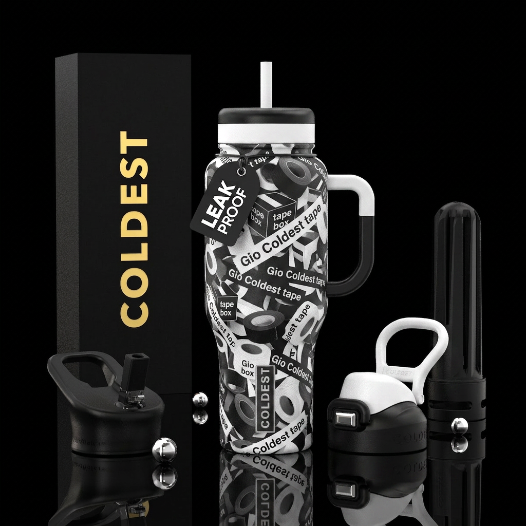 "Gio Coldest tape "box blac & white tape rolls water bottle design
