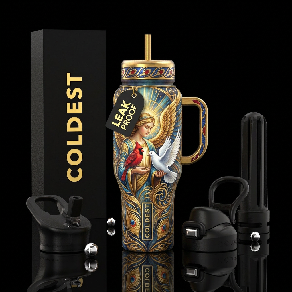 The angel Gabriel with a cardinal in one hand and ... water bottle design