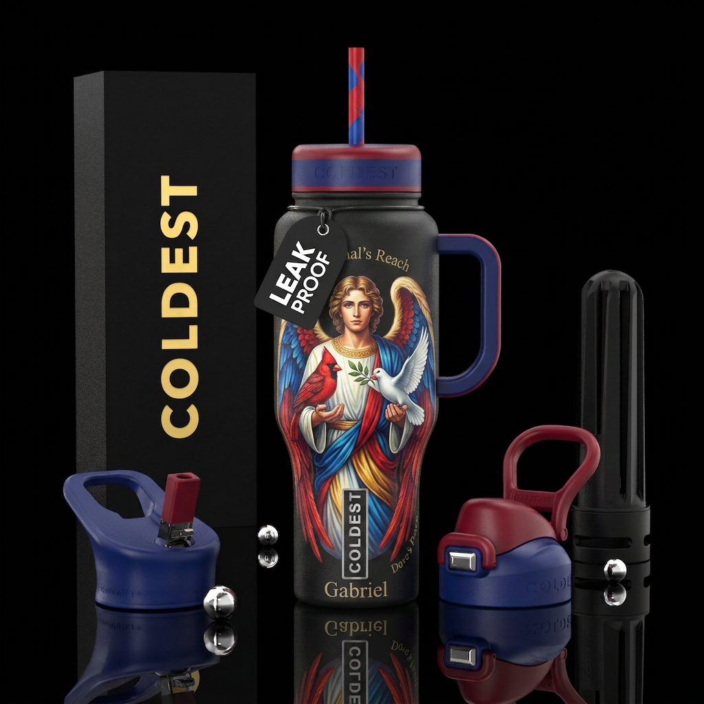 The angel Gabriel with a cardinal in one hand and ... water bottle design