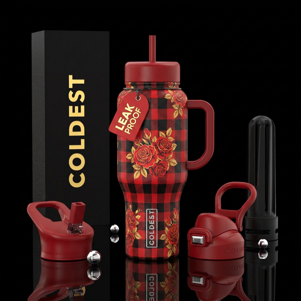 Black & red checkered flannel with a red & gold ro... water bottle design