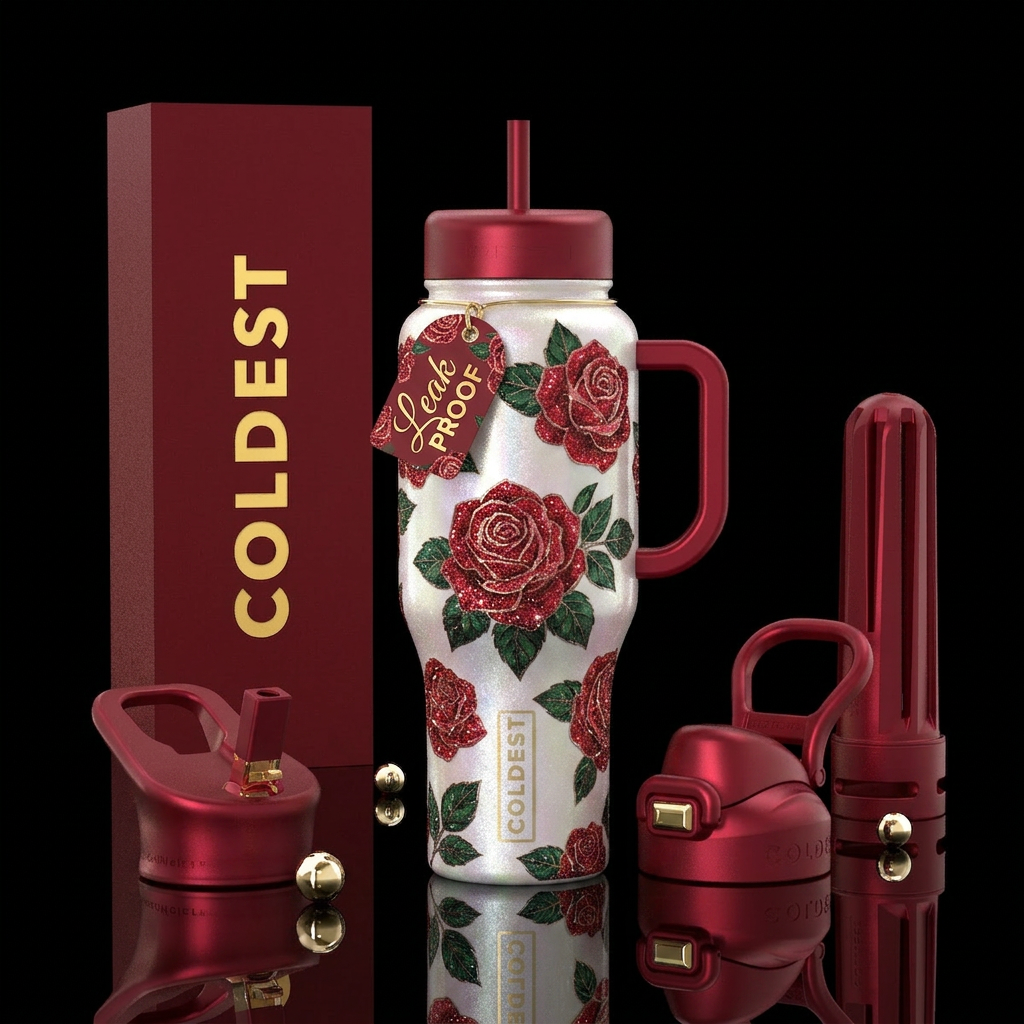White bottle glimmery shimmery red roses green lea... water bottle design