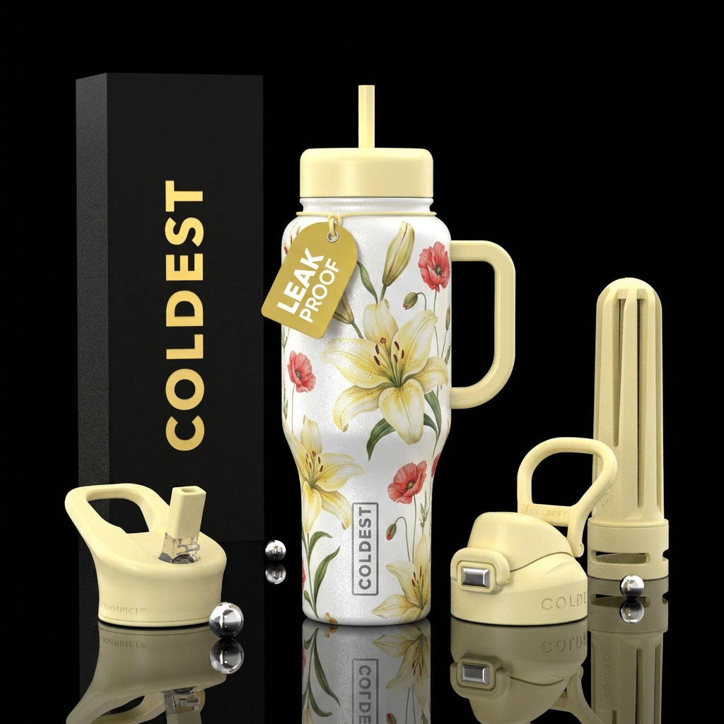 White glimmery bottle yellow white lilies and a li... water bottle design