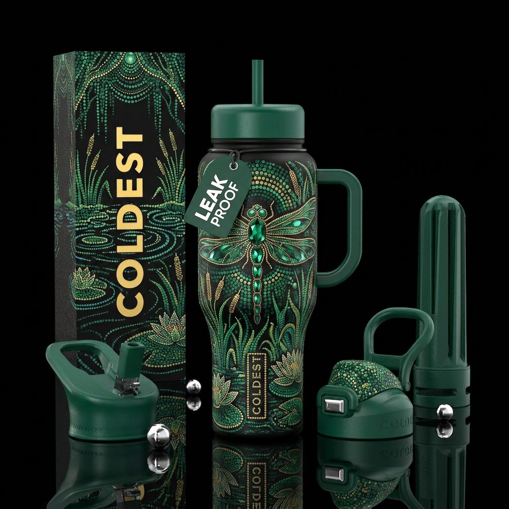 wetlands, pointillism, dragonfly, emerald, emerald... water bottle design