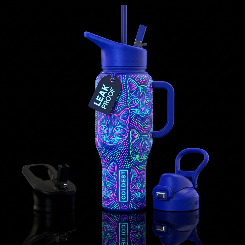 pointillism, cats & kittens heads all over bottle,... water bottle design