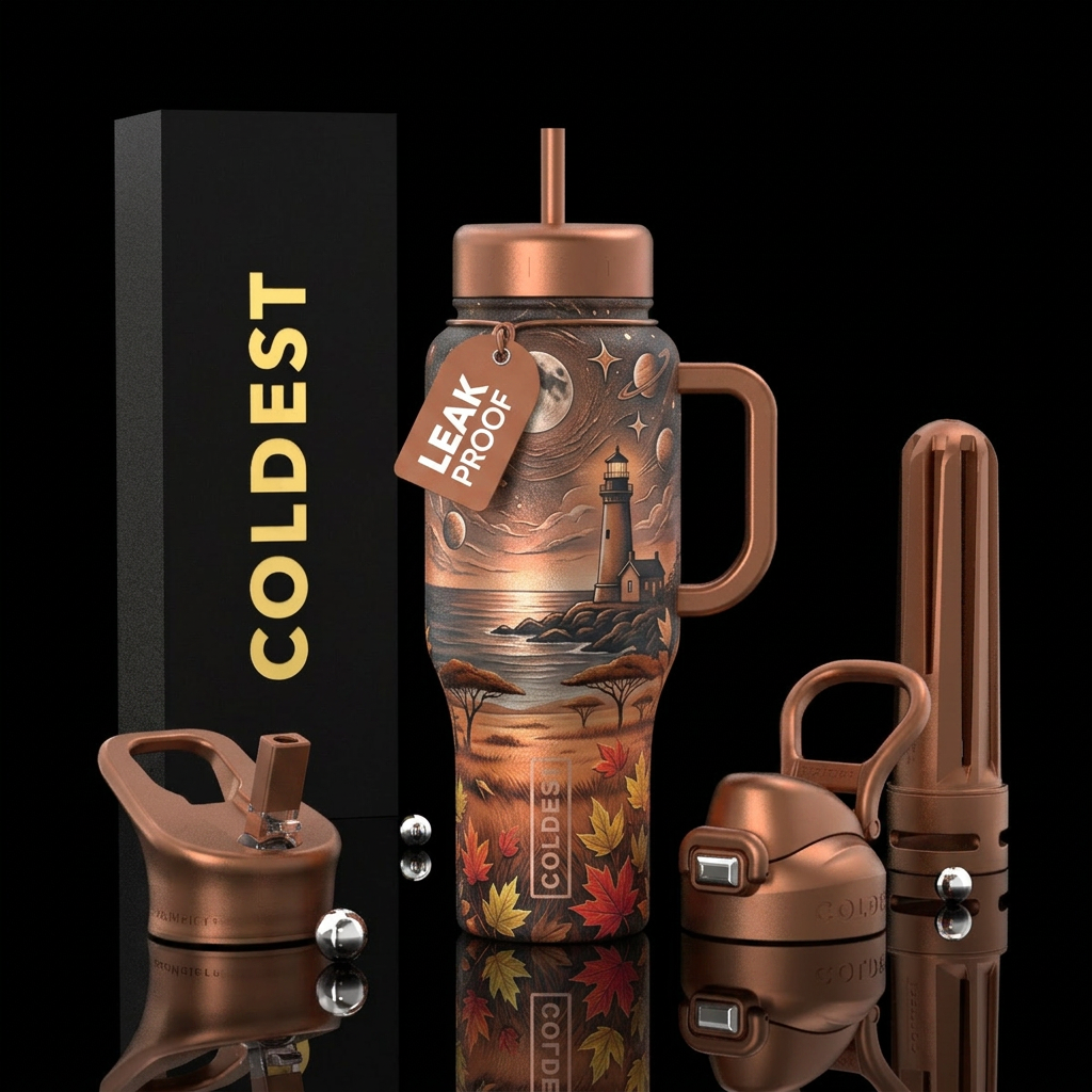 youthful, savanna, copper, autumn leaves, lighthou... water bottle design