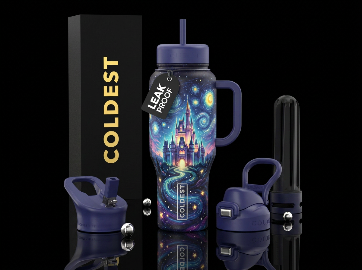 Moon light castle,  stars, bright vibrant water bottle design