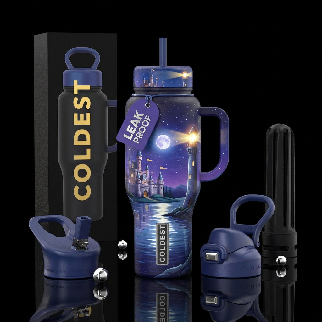 Moon light, Castle by the water, starry night with... water bottle design