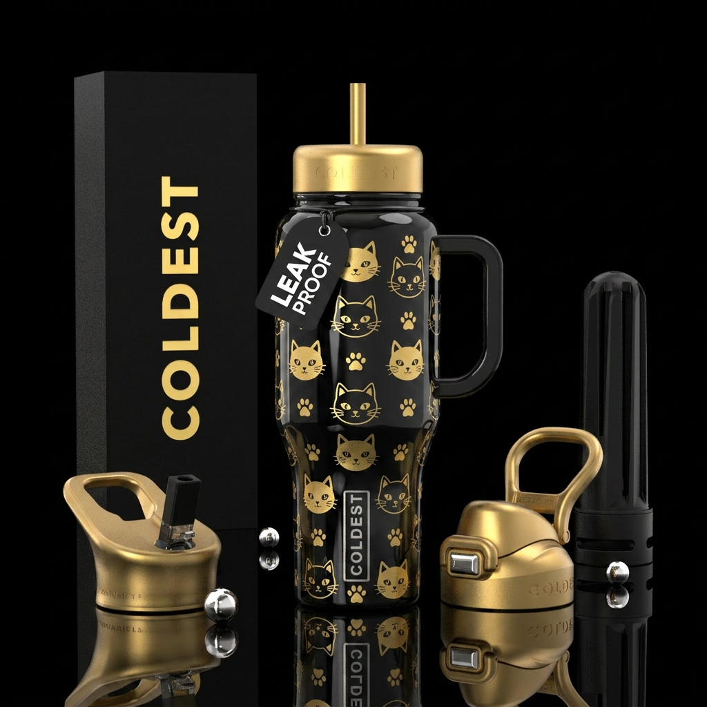 Black bottle, shiny.  Gold cat faces & paws water bottle design