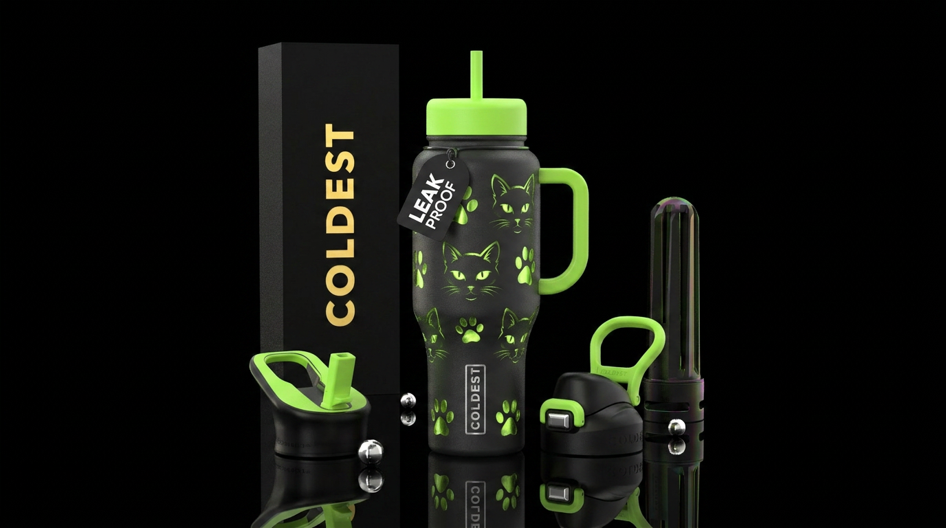 Black bottle, shiny, lime green glowie cat faces &... water bottle design
