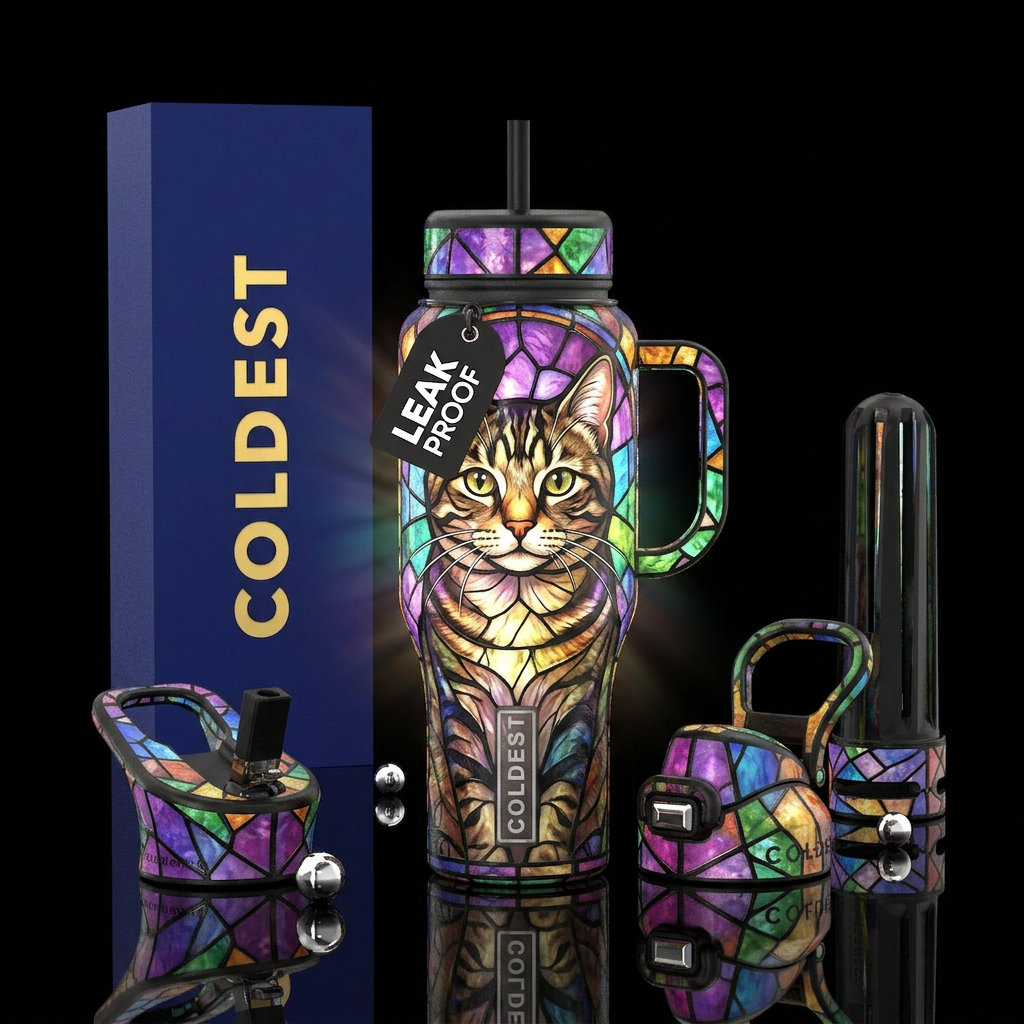 A natural colored cat on a gorgeous stained glass ... water bottle design