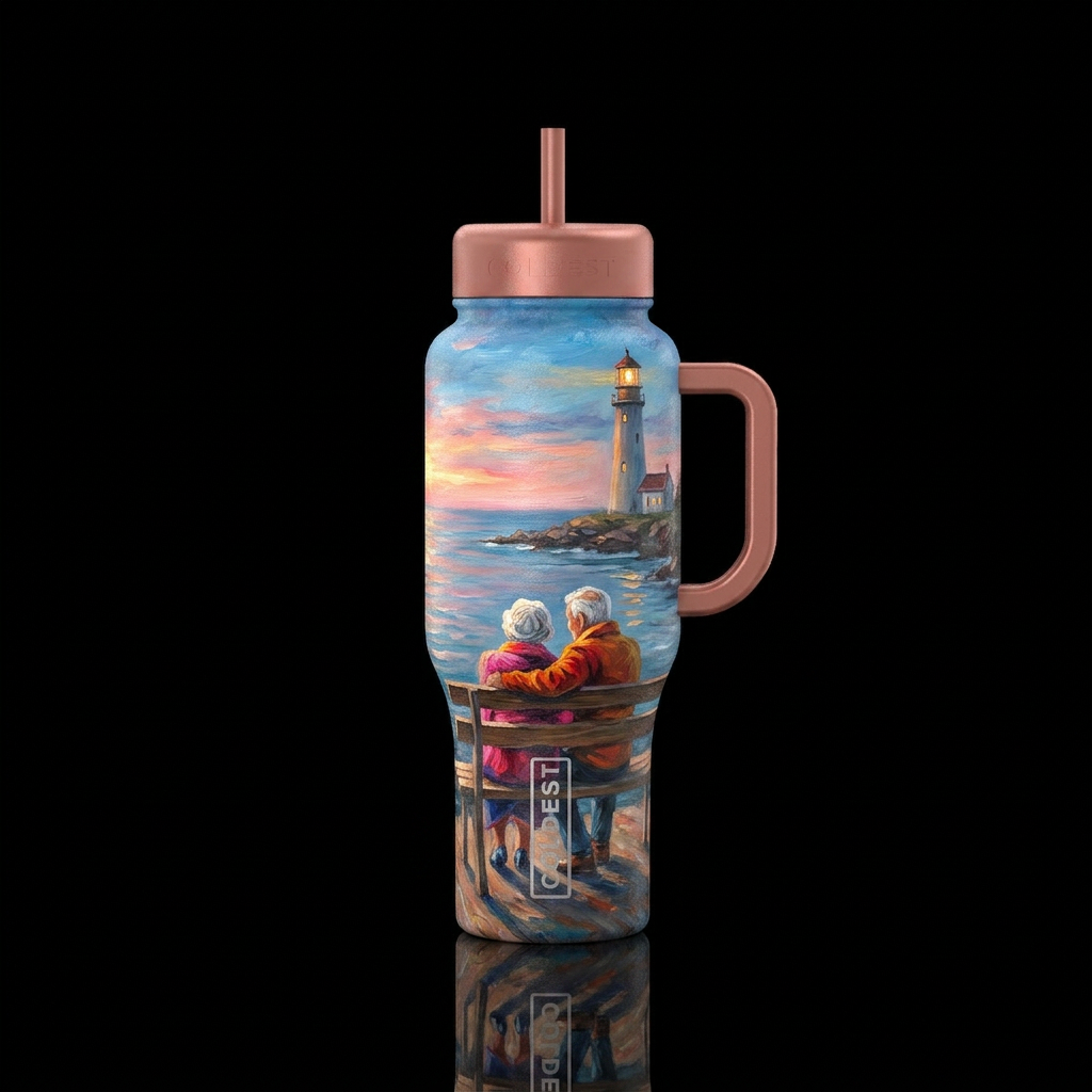 Oil painting of a elderly couple sit on a bench lo... water bottle design