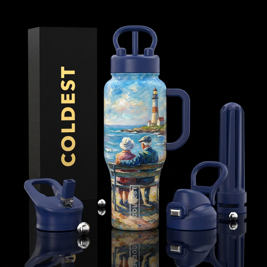 Oil painting of a elderly couple sit on a bench lo... water bottle design